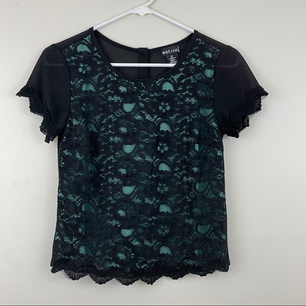 Wet Seal Black Lace Overlay Short Sleeve Blouse XS